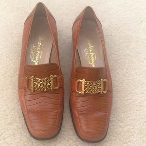 Salvatore Ferragamo Tan Croc-Embossed Leather Chain Loafers
